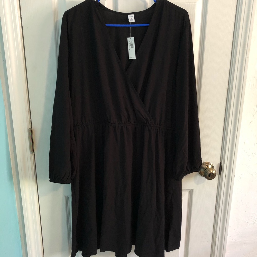 Black Waist Defined Wrap Front Dress